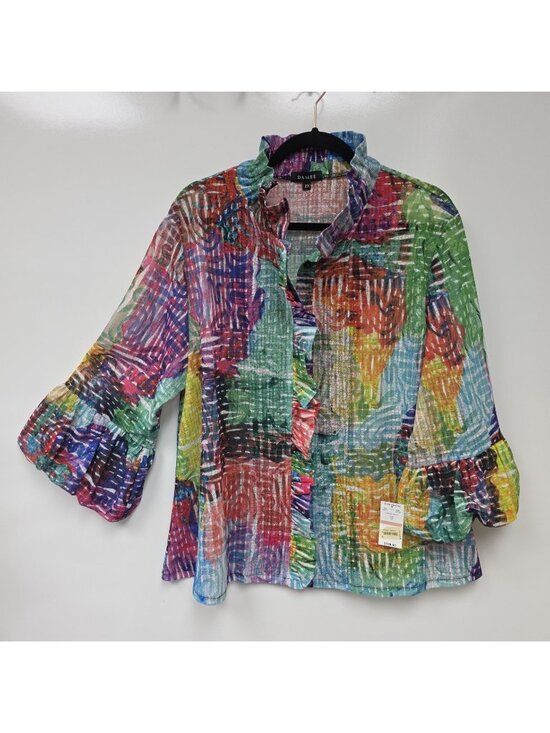 Damee Tops - Damee Shirt Womens 2X Multicolor Collared Button Front Ruffle Bell Sleeve Tunic